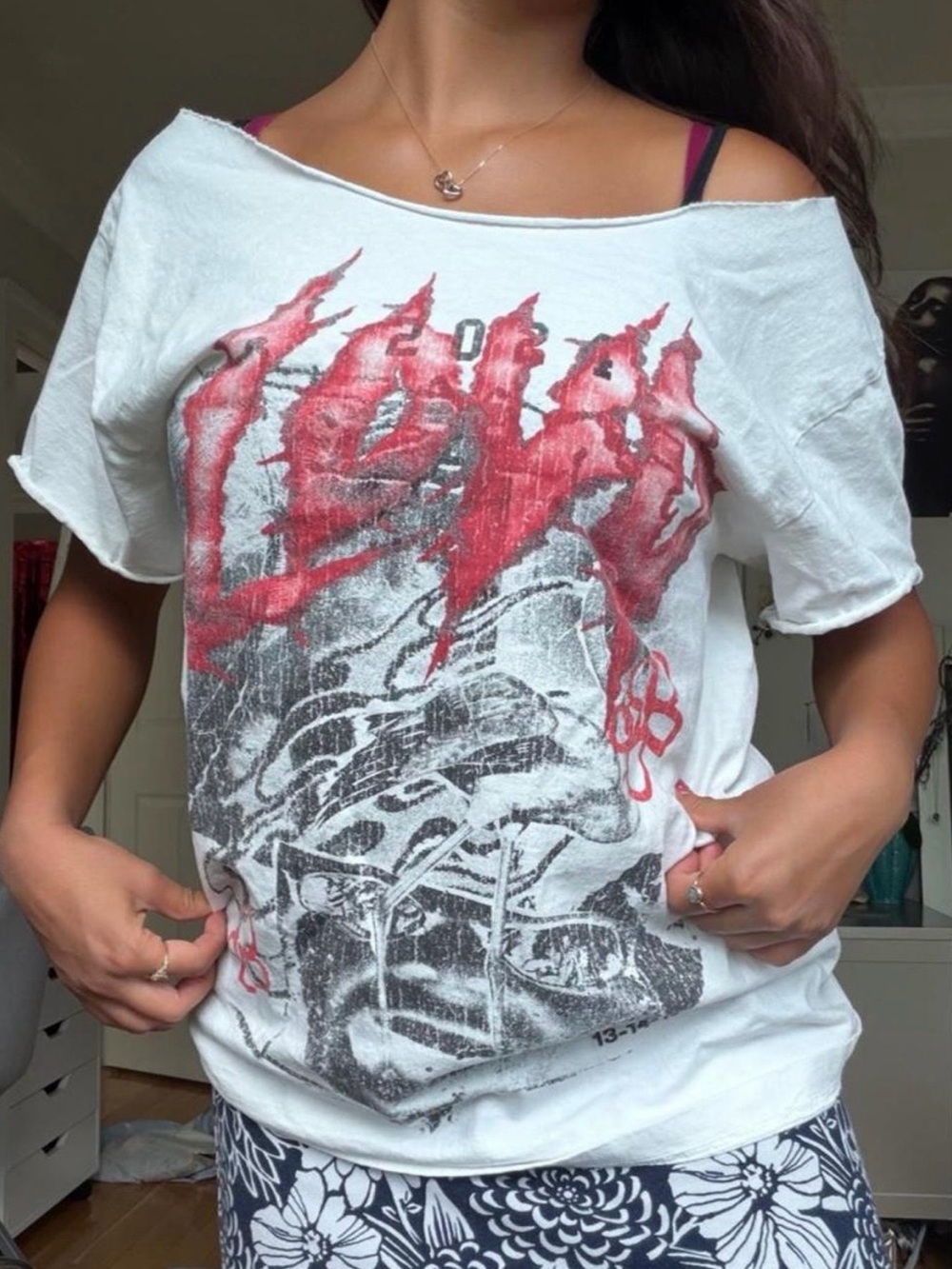 Women’s Off-Shoulder Festival Graphic Tee in White with Red Print